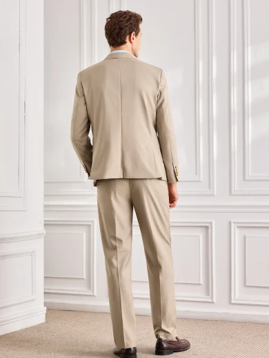 Officeau Men's 2pcs Beige Luxury Tuxedo Suit Set, Peak-Lapel Double-Breasted Blazer & Pants, For Weddings/Evening Wear