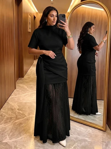 CURVE Plus Size Women's White Long Lace Patchwork Dress, Elegant Dress, Suitable For Dates, Party Dress