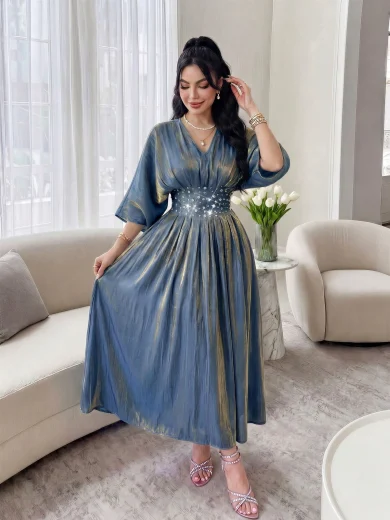 Modelyn New Ruched Waist Elegant High-End Rhinestone Embellished Romantic Glamorous Party Dinner Dress Blue And Gold Autumn