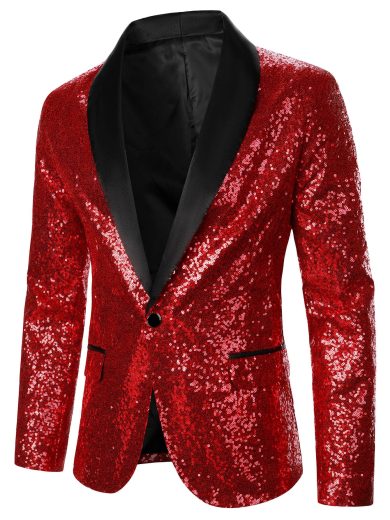 Calvornis Men Shawl Collar Single Button Sequins Blazer, Prom Blazer Tuxedo, Ceremony, Formal