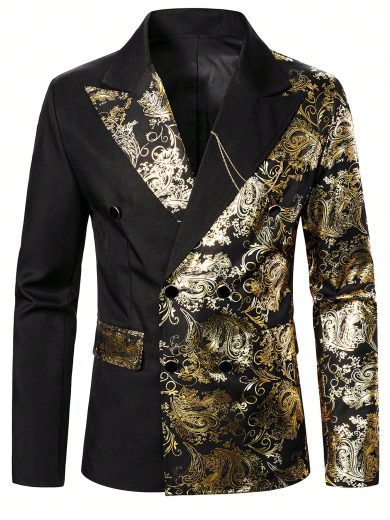 Calvornis Men Baroque Print Double Button Blazer Tuxedo For Ceremony, Formal