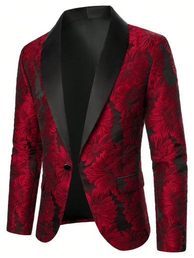 Calvornis Men's Elegant Red Flower Blazer, Old Money Style Tuxedo Blazer For Ceremony, Formal