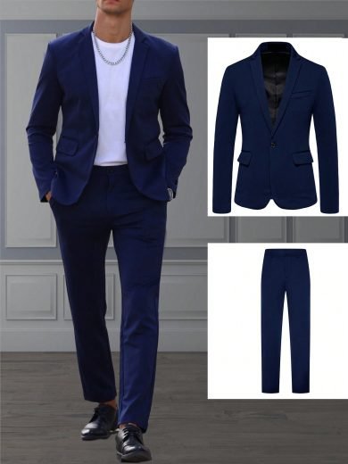 Manfinity Mode Men's 2 Pieces Tuxedo Suit Slim Fit Blazer Pants Sets Notch Lapel One-Button Jackets.Built For Wedding,Dinner,Party And Prom