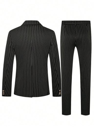Calvornis Men's Striped Lapel Long Sleeve Blazer And Straight Leg Business Trousers Formal Suit Set Tuxedo Suit, Ceremony