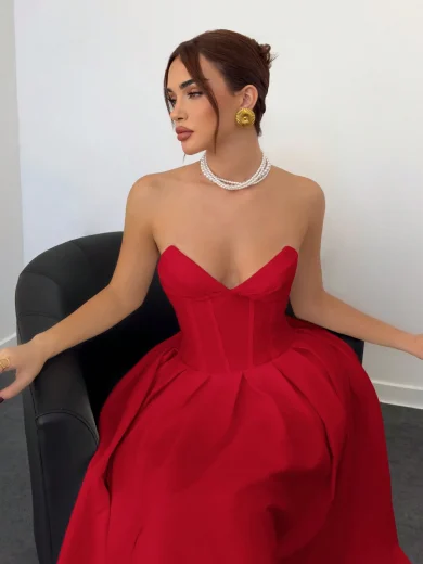 Aloruh Women's New Autumn/Winter Deep V Sexy Elegant Party Dress, Bustier Bodycon Red Dress With Pleated Hem, Ivory