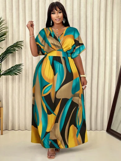 1pc Plus Size Women V-Neck Striped Floral Print Casual Dress, Minimalist & Fashionable For Daily Wear Summer Elegant Vacation