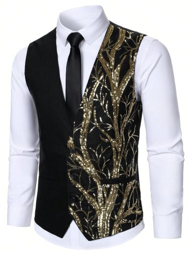 Manfinity AFTRDRK Men's Shiny Sequin Glitter Waistcoat, For Formal Occasions And Performances Tuxedo Waistcoat, Ceremony
