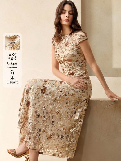 Anewsta Affair Fall Elegant Queen Cream Women's Dress, Floral Embroidered Mesh Resort Wear, Shiny Sequin Short Sleeve Party Wedding Guest Event Winter Vacation
