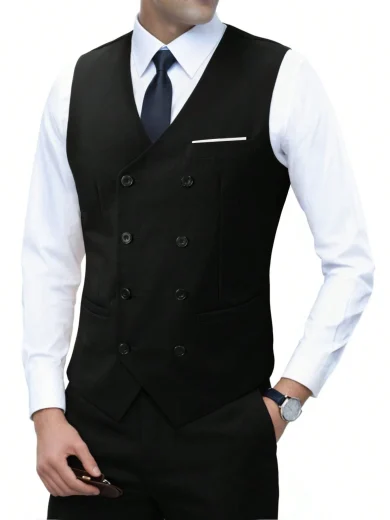 Officeau Men's 3 Pieces Black Suit Set With Peak-Lapel Blazer, Double-Breasted Waistcoat & Trousers, Luxury Tuxedo For Weddings, Evening Events