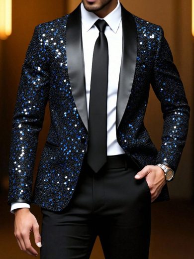 Calvornis Men's Shawl Collar Long Sleeve Sequined Luxury Prom Blazer For Men Party Tuxedo Blazer For Ceremony, Formal - Multicolor