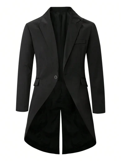 Calvornis Men's Solid Color Single-Breasted Asymmetric Hem Split Long Sleeve Blazer, Tuxedo Suit Black Prom Blazer, Old Money For Ceremony, Formal