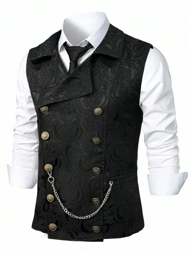 Manfinity AFTRDRK Men's Floral Jacquard Double-Breasted Tuxedo Waistcoat, Formal, Ceremony