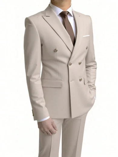 Men's Fashion New Solid Color Slim Fit Stretchy Business Suit 2 Pieces Set, Including Double-Breasted Blazer And Trousers, Work Formal Wear Tuxedo Suit