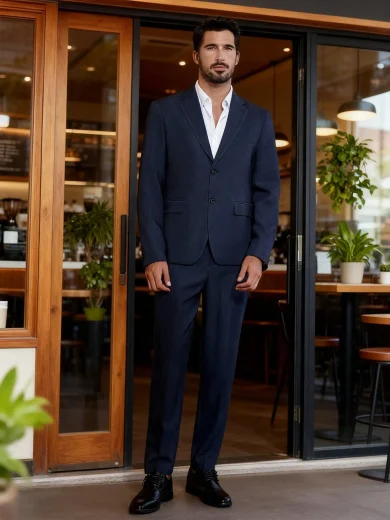 Manfinity Bizformal 2pcs/Set Men's Business Casual Navy Blue Suit,Summer Long Sleeve Jacket And Pants Groom Tuxedo For Wedding