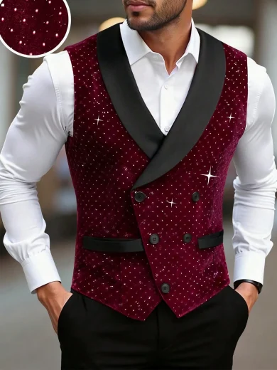 Calvornis Men's Luxury Rhinestone Waistcoat, Shawl Neck Elegant Wedding Tuxedo Waistcoat, Business Casual Dressy Waistcoat, Autumn Wear, Ceremony, Formal - Burgundy