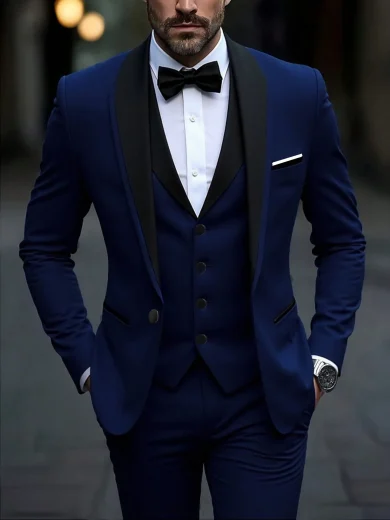 SuitGent 3 Pieces Men's High-Quality Business Suit, Color Block Groom Wedding Attire, Slim Fit Casual Suit Jacket And Trousers Set, Spring Tuxedo Suit
