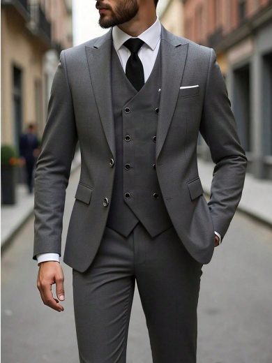 Men's Fashion New Business Solid Color Slim Fit Stretch 3 PiecesSuit Set, Including Double-Breasted Vest, Pants, Work Formal Wear Tuxedo