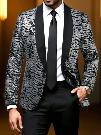 Calvornis Men's Sequin Black And Silver Suit Set,Elegant Summer Wedding Guest Tuxedo,All-Over Print Sequin Patchwork Single-Breasted Blazer Jacket & Pants