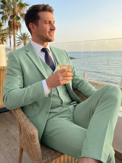Men's 3 PiecesSuit Set, Suit Jacket + Vest + Trousers, Fresh Garden Wedding Groom Outfit, Elegant Tuxedo, Suitable For Special Occasions - Mint Blue
