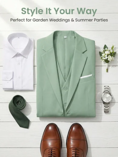 Men's 3 PiecesSuit Set, Suit Jacket + Vest + Trousers, Fresh Garden Wedding Groom Outfit, Elegant Tuxedo, Suitable For Special Occasions, Exhibitions And Social Events