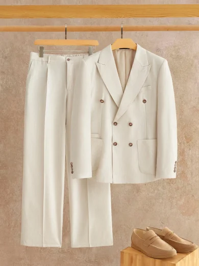 AKNOTIC Men's Solid Color Mandarin Collar Double-Breasted Long Sleeve Jacket And Pants Business Suit Set, Men's Beige Linen Double Breasted Suit, Slim Fit Cream Summer Beach Wedding Tuxedo, Old Money Aesthetic Men's Outfit, Italian Style Ivory Linen Suit - Khaki