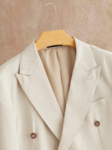 HIMLAND Men's Beige Linen Double Breasted Suit,Summer Elegant Wedding Guest 2 Piece Set,Slim Fit Mandarin Collar Jacket&Pants,Italian Style Beach Tuxedo