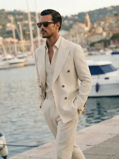 HIMLAND Men's Beige Linen Double Breasted Suit,Summer Elegant Wedding Guest 2 Piece Set,Slim Fit Mandarin Collar Jacket&Pants,Italian Style Beach Tuxedo