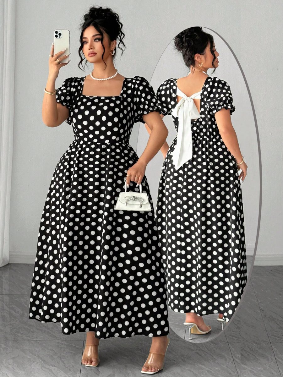 Elenzga Plus Size Women's Elegant Vintage Polka Dot Tie-Up Butterfly Collar Short Sleeve Dress, Spring/Summer 5 Elenzga Plus Size Women's Elegant Vintage Polka Dot Tie-Up Butterfly Collar Short Sleeve Dress, Spring/Summer - Black and White