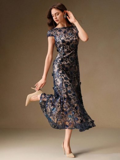 Anewsta Affair Navy Elegant Floral Embroidered Mesh Overlay Short Sleeve Dress, Suitable For Party, Date, Resort Wear, Spring/Summer