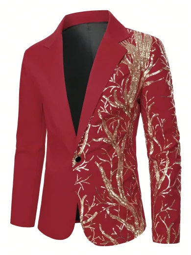 Calvornis Men's Shiny Sequin Plant Printed Suit Blazer And Pants Set, Fashion For Party And Performance Tuxedo Suit, Formal, Ceremony