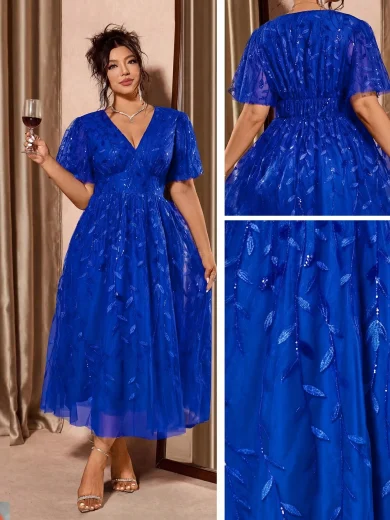 Allurite Plus Size Elegant V-Neck Mesh Sequin Ruffle Hem Party Dress, Red