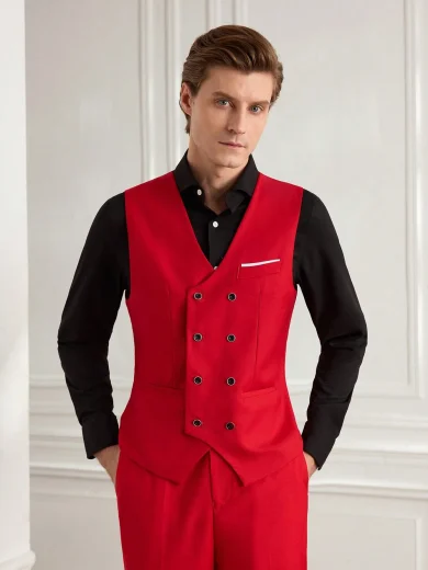 Officeau Men's 3 Pieces Red Suit Set With Peak-Lapel Blazer, Double-Breasted Waistcoat & Trousers, Luxury Tuxedo For Weddings, Evening Events