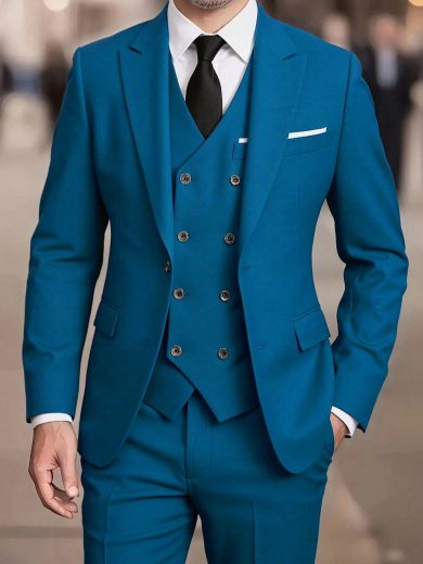 3pcs Men's Fashion Business Solid Color Slim Fit Suit Set, Including Blazer, Double-Breasted Vest, And Pants, Work Formal Wear Tuxedo