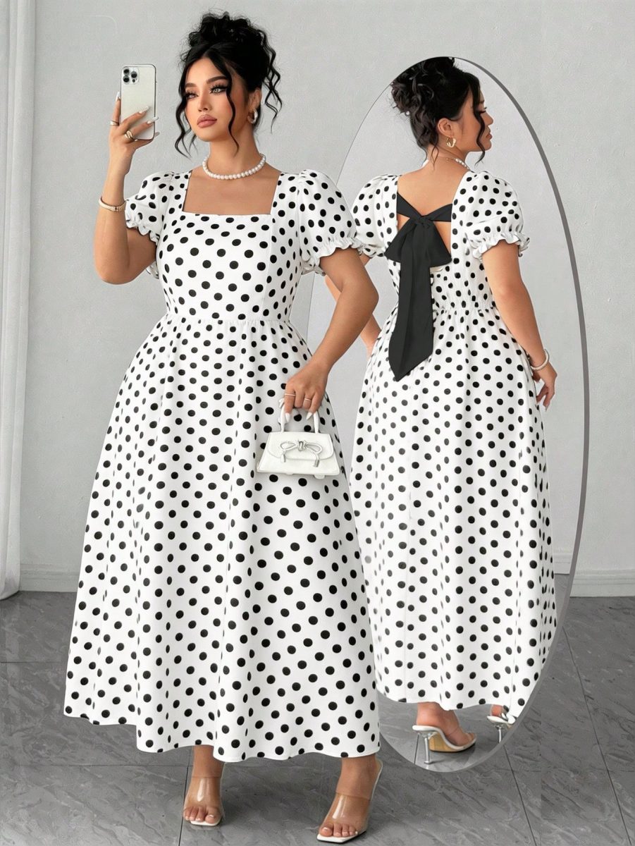 Elenzga Plus Size Women's Elegant Vintage Polka Dot Tie-Up Butterfly Collar Short Sleeve Dress, Spring/Summer 4 Elenzga Plus Size Women's Elegant Vintage Polka Dot Tie-Up Butterfly Collar Short Sleeve Dress, Spring/Summer