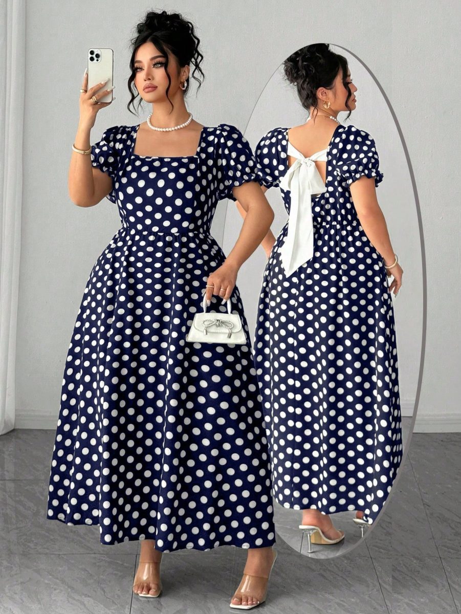 Elenzga Plus Size Women's Elegant Vintage Polka Dot Tie-Up Butterfly Collar Short Sleeve Dress, Spring/Summer 12 Elenzga Plus Size Women's Elegant Vintage Polka Dot Tie-Up Butterfly Collar Short Sleeve Dress, Spring/Summer - Navy Blue
