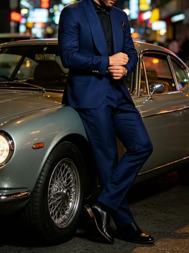 Men's TR Fabric Large Lapel 2-Piece Tuxedo Suit Jacket & Trousers, Fashionable Formal Wear, Comfortable For Wedding, Evening Party, Event, Holiday Celebration, All Season - Navy Blue