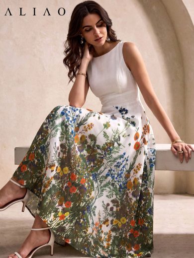 ALIAO Colorful Print Sleeveless Cotton Linen Dress Elegant Vacation Wedding Party Daily Vintage Long Dress Social