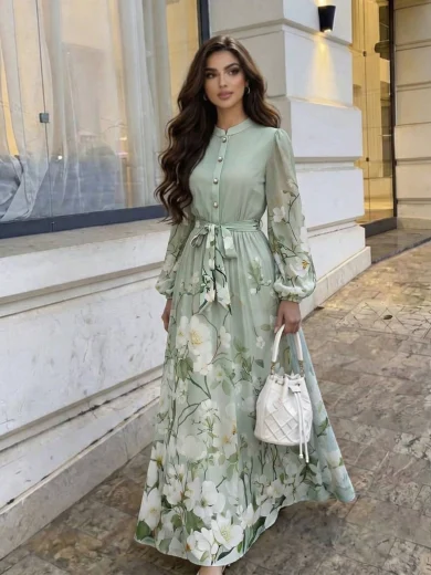 Veilorie Women's Floral Print Belted Long Sleeve Dress