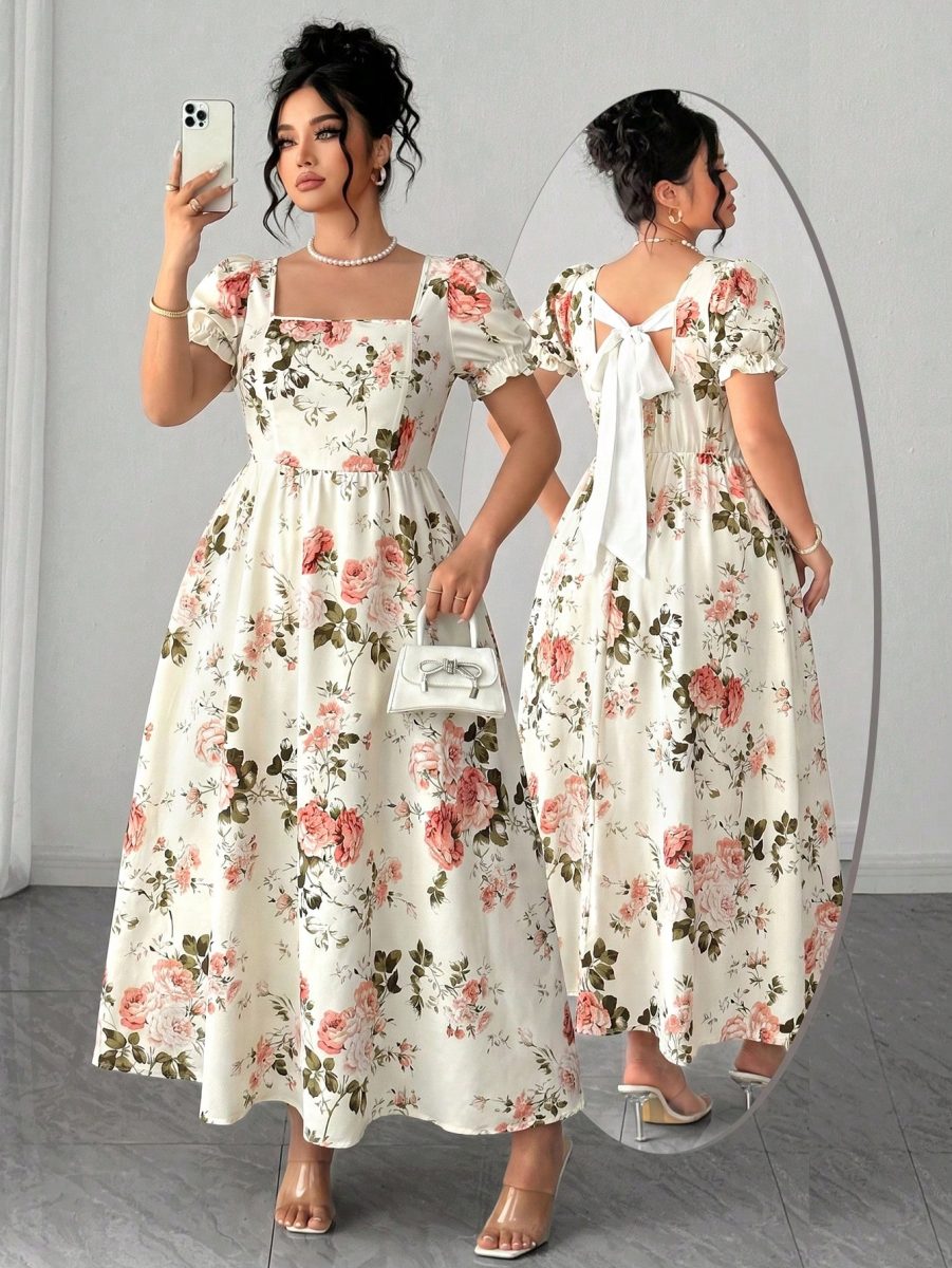 Elenzga Plus Size Women's Elegant Vintage Polka Dot Tie-Up Butterfly Collar Short Sleeve Dress, Spring/Summer 9 Elenzga Plus Size Women's Elegant Vintage Polka Dot Tie-Up Butterfly Collar Short Sleeve Dress, Spring/Summer