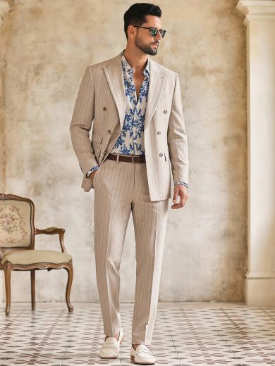 HIMLAND Men's 2 Pieces Linen Suit, Beige Summer Smart Casual Wedding Guest Outfit, Double Breasted Slim Fit Peak Lapel Mandarin Collar Jacket&Pants Tuxedo Set