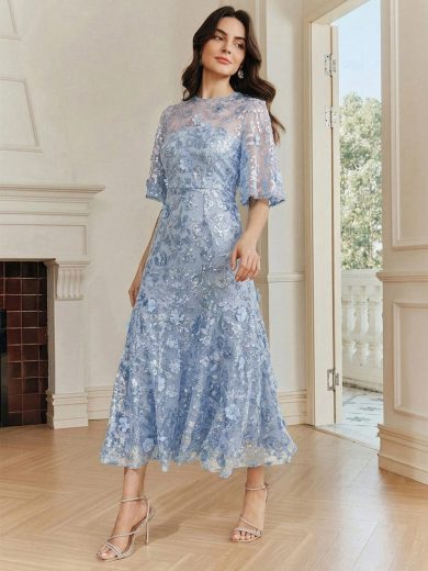 Anewsta Affair Elegant Navy Blue Floral Mesh Ruffle Trim Sequin Embellished Short Sleeve Dress, Suitable For Party, Date, Resort Wear, Spring/Summer Outfits