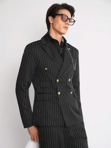 RONVEXI Men's Striped Lapel Long Sleeve Blazer And Straight Leg Business Trousers Formal Suit Set Tuxedo Suit, Ceremony