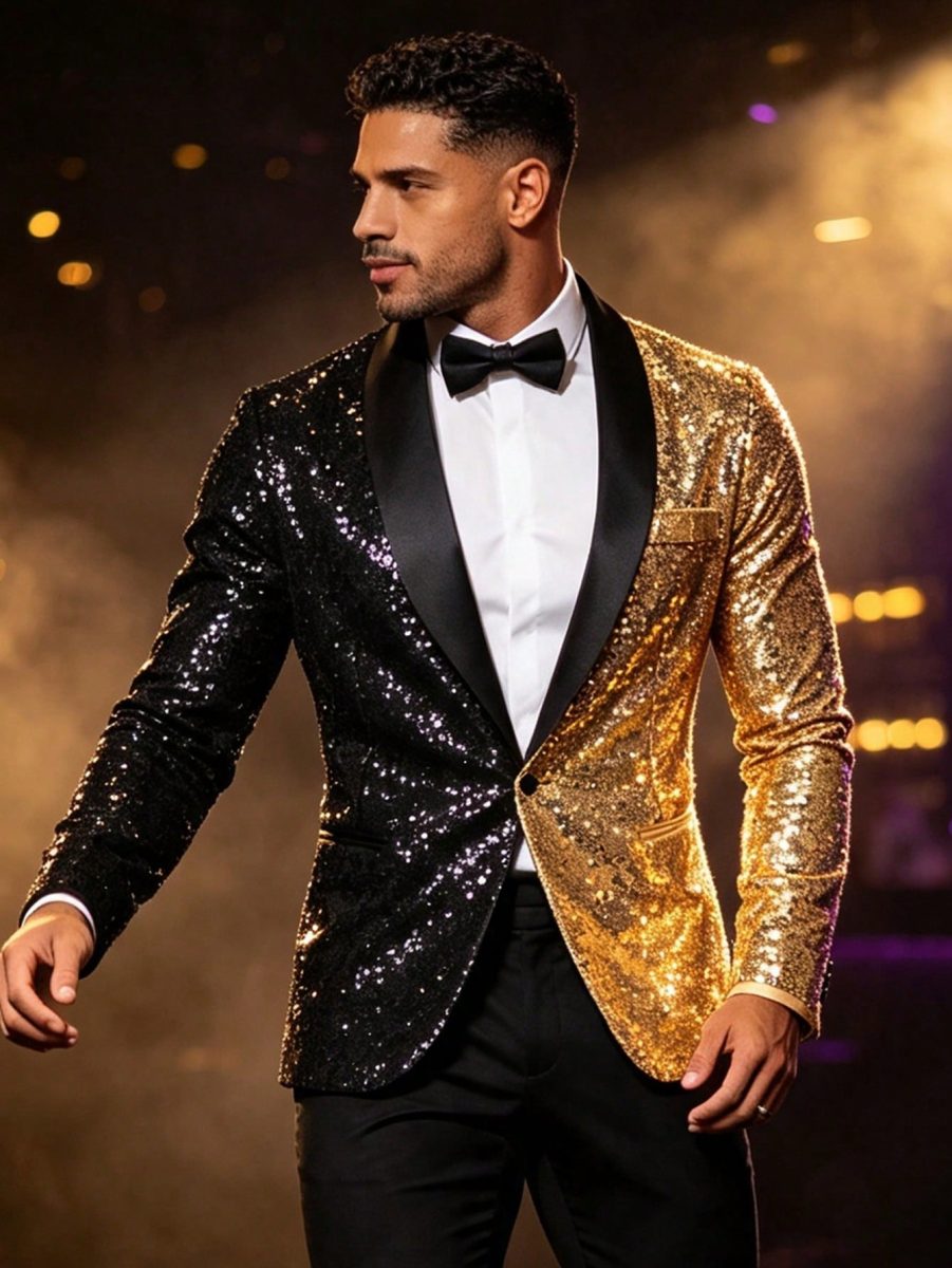 Black & Gold Contrast Sequin Men's Stage Performance Tuxedo Jacket, Single Button Blazer For Nightclub Party 2 Black & Gold Contrast Sequin Men's Stage Performance Tuxedo Jacket, Single Button Blazer For Nightclub Party - Gold