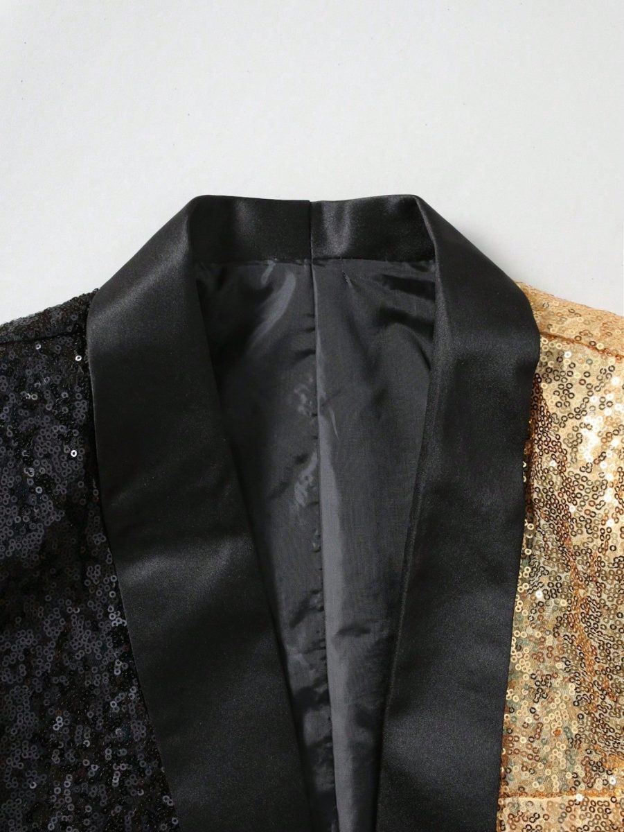 Black & Gold Contrast Sequin Men's Stage Performance Tuxedo Jacket, Single Button Blazer For Nightclub Party 8 Black & Gold Contrast Sequin Men's Stage Performance Tuxedo Jacket, Single Button Blazer For Nightclub Party