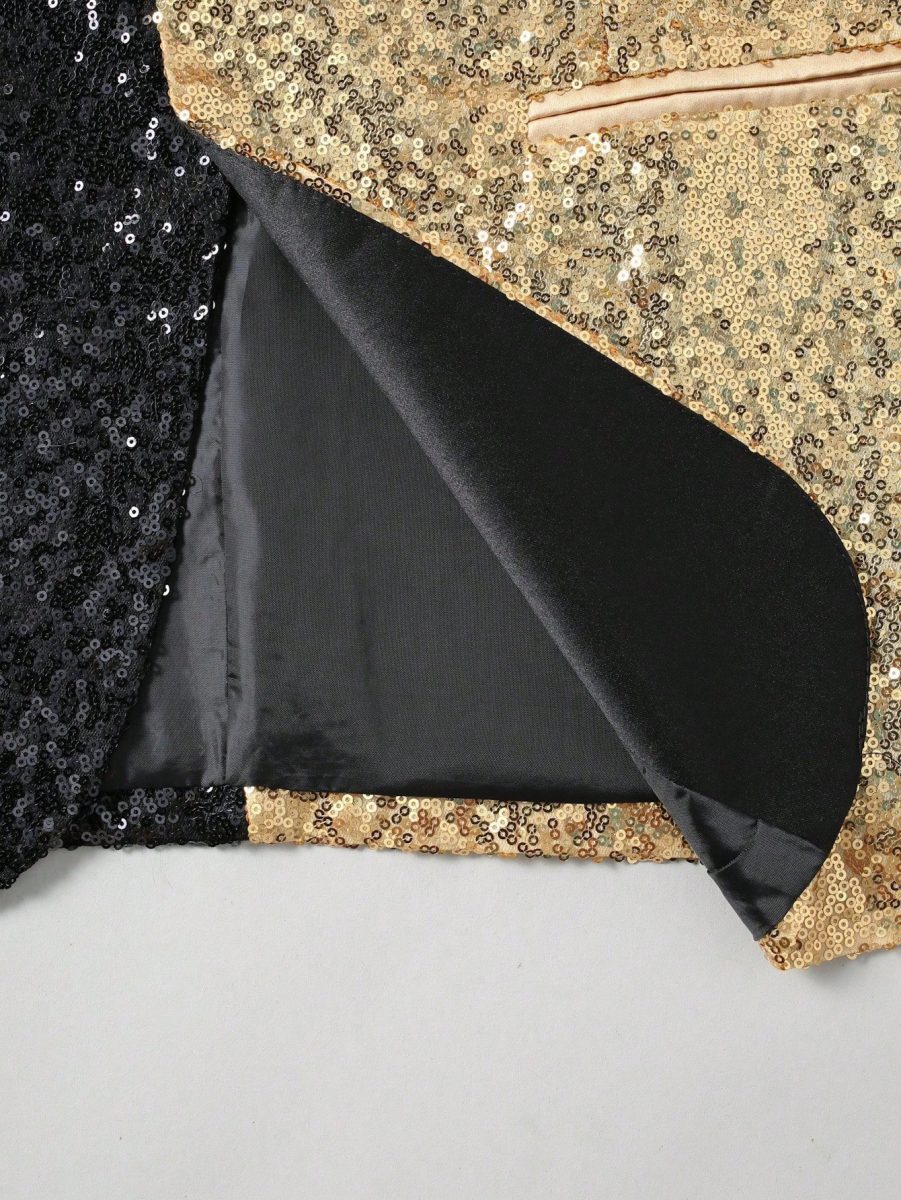 Black & Gold Contrast Sequin Men's Stage Performance Tuxedo Jacket, Single Button Blazer For Nightclub Party 6 Black & Gold Contrast Sequin Men's Stage Performance Tuxedo Jacket, Single Button Blazer For Nightclub Party