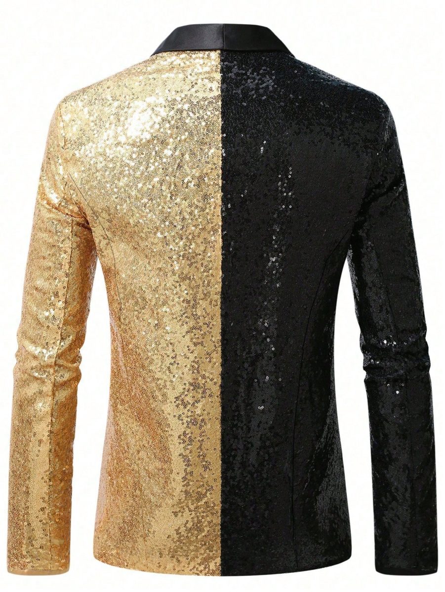 Black & Gold Contrast Sequin Men's Stage Performance Tuxedo Jacket, Single Button Blazer For Nightclub Party 4 Black & Gold Contrast Sequin Men's Stage Performance Tuxedo Jacket, Single Button Blazer For Nightclub Party