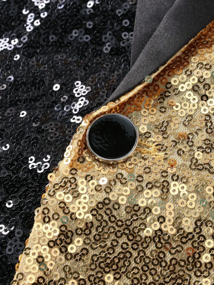 Black & Gold Contrast Sequin Men's Stage Performance Tuxedo Jacket, Single Button Blazer For Nightclub Party 9 Black & Gold Contrast Sequin Men's Stage Performance Tuxedo Jacket, Single Button Blazer For Nightclub Party