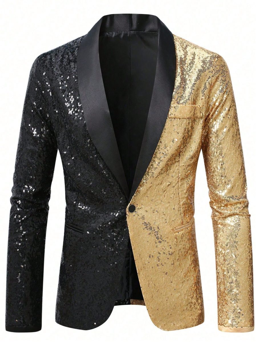 Black & Gold Contrast Sequin Men's Stage Performance Tuxedo Jacket, Single Button Blazer For Nightclub Party 3 Black & Gold Contrast Sequin Men's Stage Performance Tuxedo Jacket, Single Button Blazer For Nightclub Party