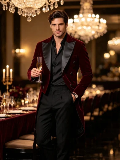 Men's Contrast Color Velvet Tuxedo Jacket For Banquet, Wedding And Hosting
