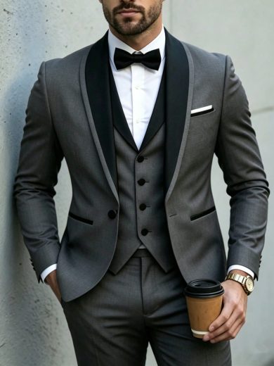 SuitGent 3 Pieces Men's High-Quality Business Suit, Color Block Groom Wedding Attire, Slim Fit Casual Suit Jacket And Trousers Set, Spring Tuxedo Suit